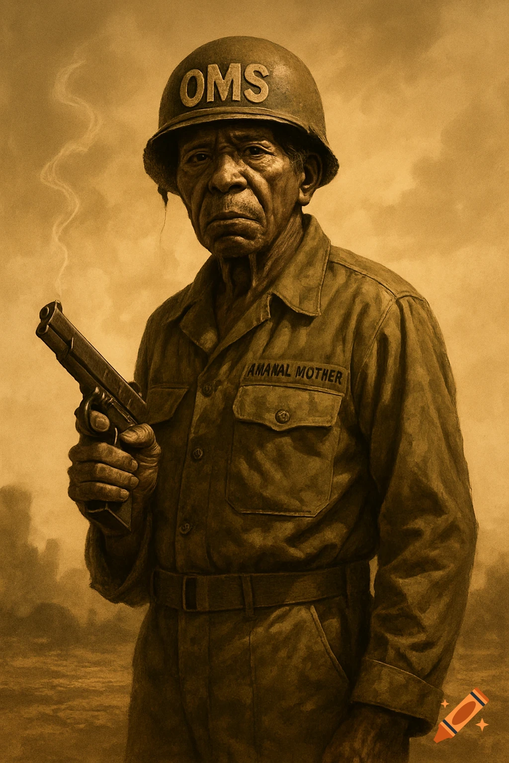 An old soldier in a vintage military uniform and helmet with "OMS" holds a smoking pistol. "AMANAL MOTHER" is visible on his chest.