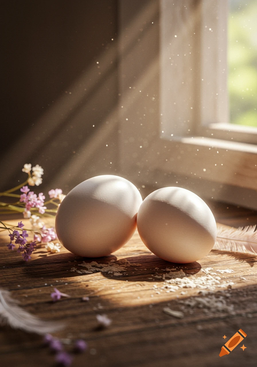 Two white eggs on a wooden surface by a sunlit window, with dust motes, small flowers, and a feather.