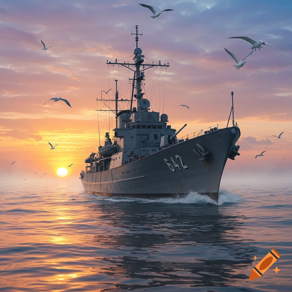 A grey navy ship with the number 642 on its bow sails on the ocean toward the viewer during a vibrant sunset with seagulls flying around.