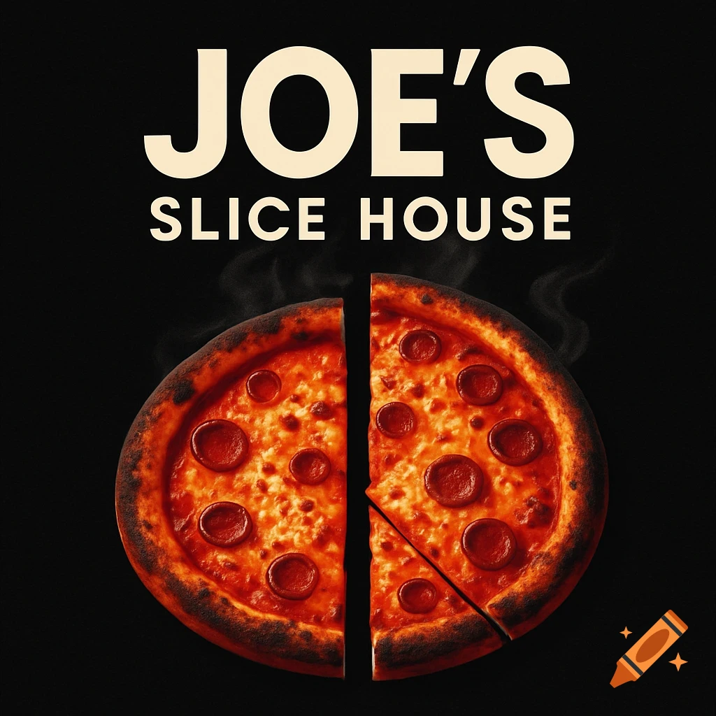 Logo for Joe's Slice House with the name in bold text above a pepperoni pizza sliced into uneven pieces, against a black background.