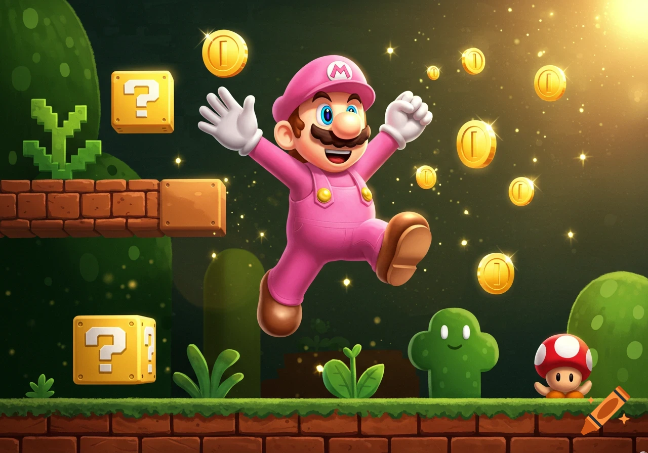 Mario in a pink suit jumps with arms raised in a colorful video game world, surrounded by floating coins, question blocks, and a mushroom character.