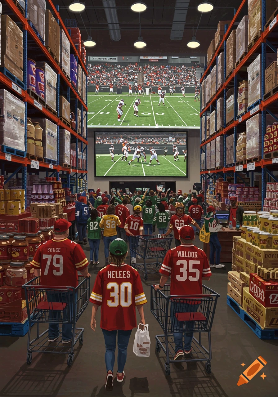 People in red and green jerseys watch a football game on large screens inside a brightly lit warehouse store, with high shelves full of merchandise.