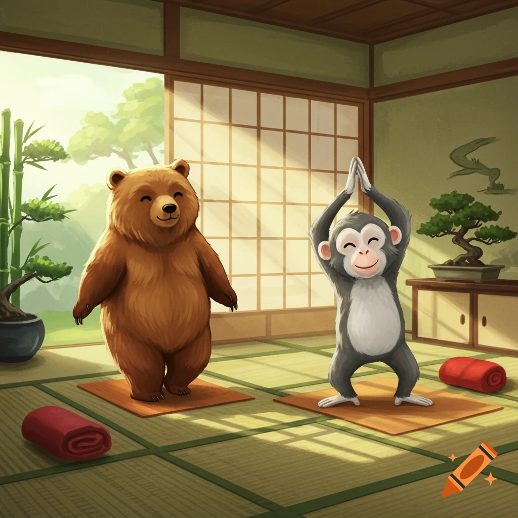 A cartoonish brown bear and a gray monkey doing yoga poses in a tatami room with a large window and plants, in an impressionistic style.