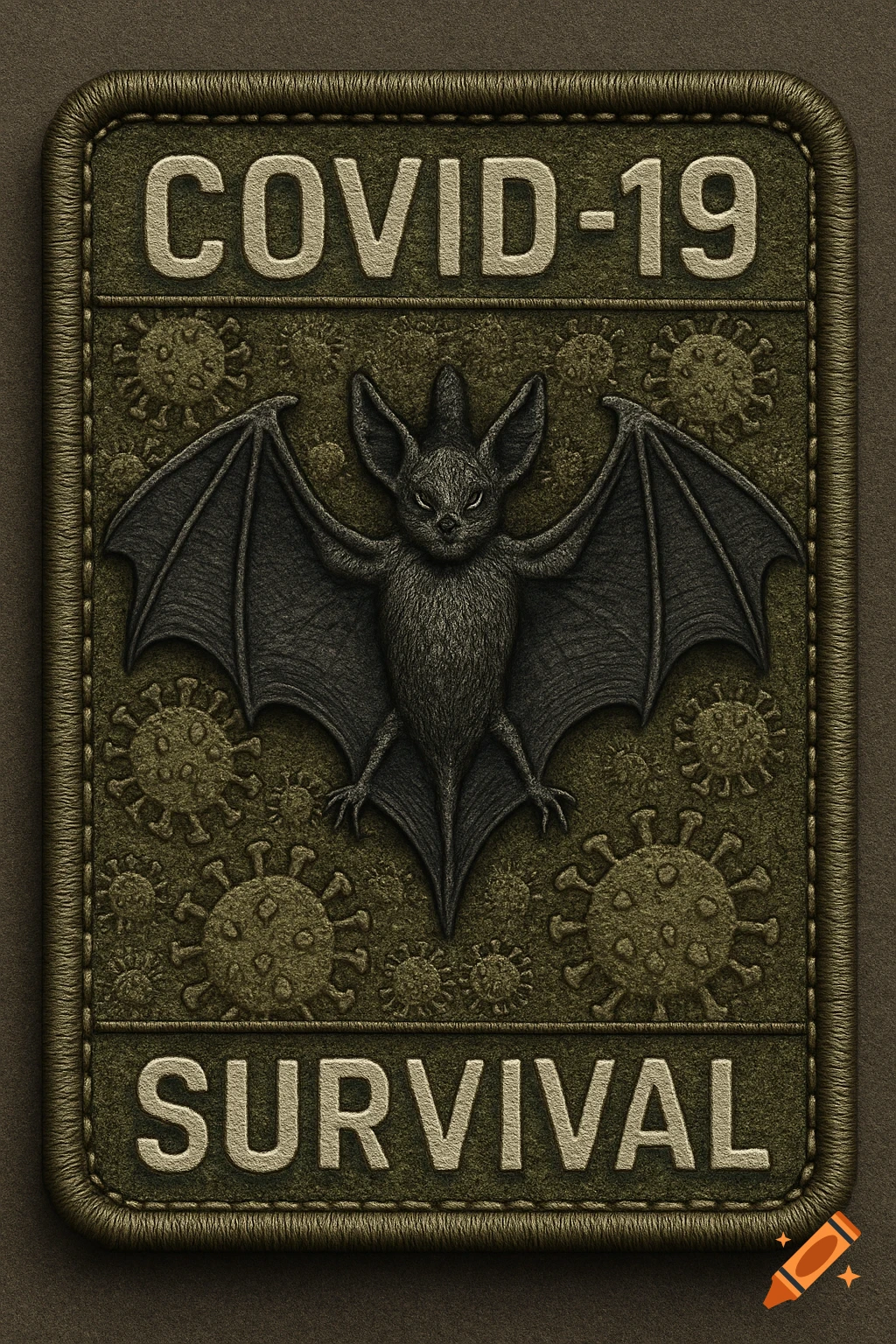 A military-style embroidered patch with a bat, 'COVID-19' text, 'SURVIVAL' text, and embossed coronavirus shapes.