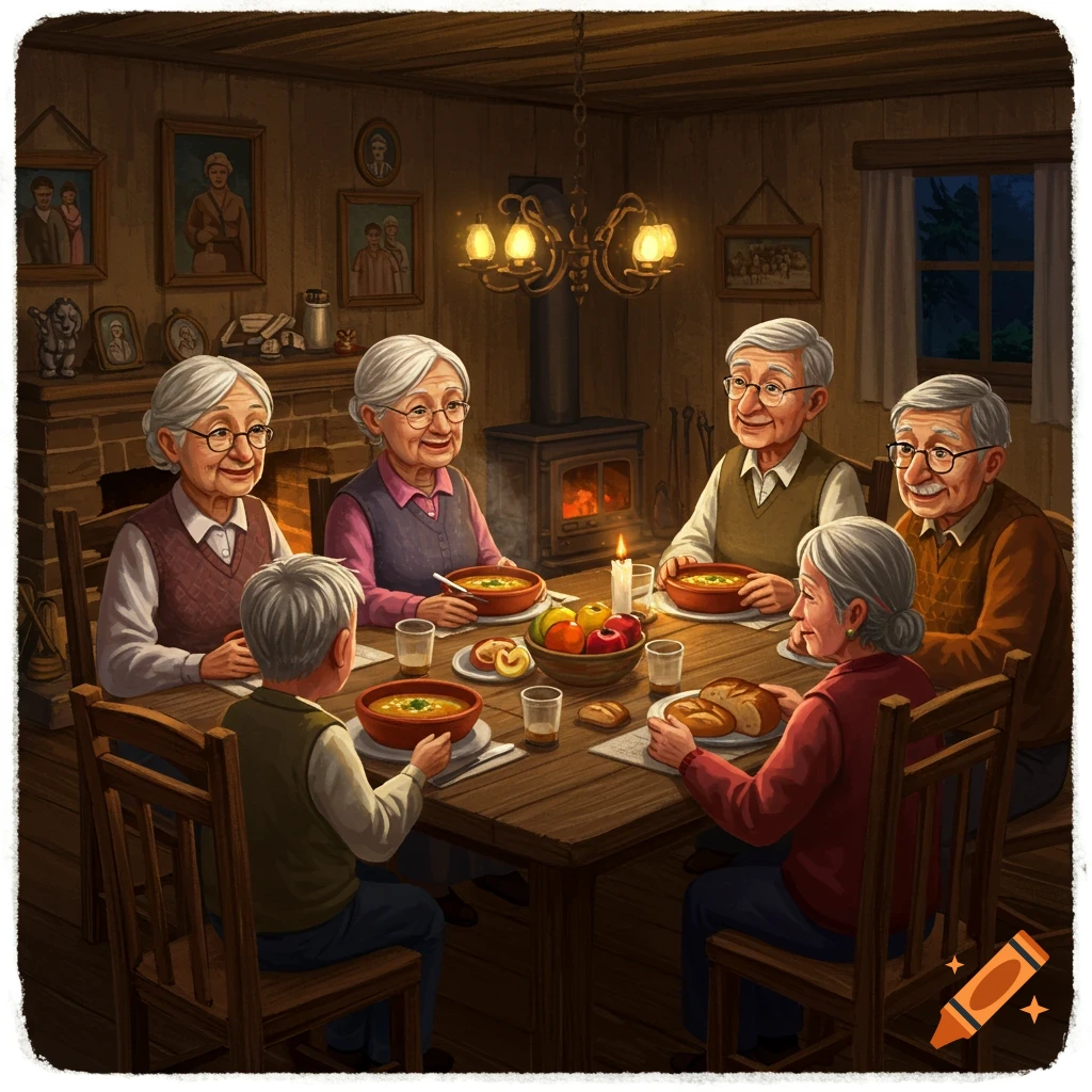 An illustrated scene of an elderly family gathered around a wooden table, enjoying a meal in a cozy, rustic home.
