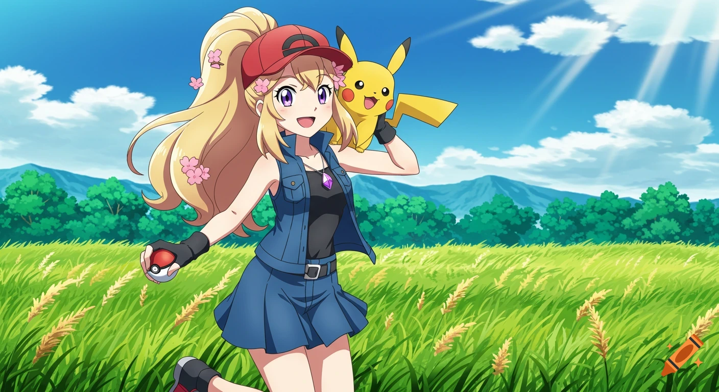An anime girl with blonde hair and a red cap holds a Pokeball, smiling beside Pikachu on her shoulder in a vibrant green meadow under a blue sky.