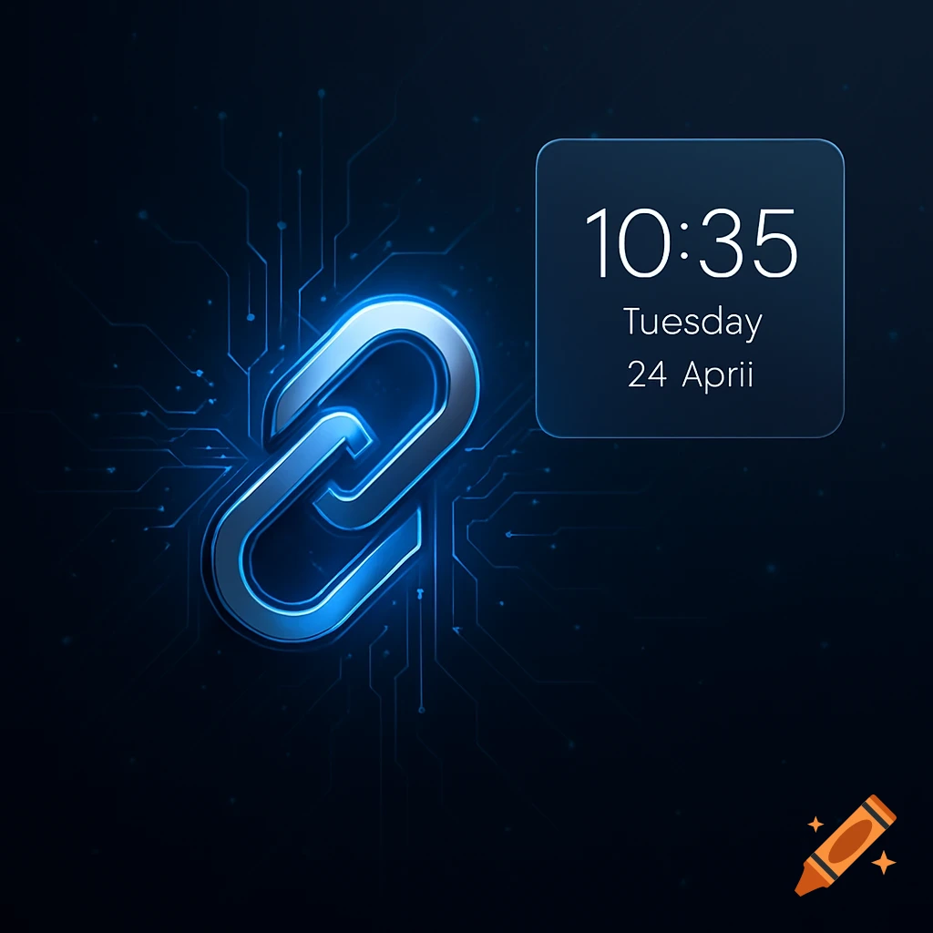 Blue glowing link icon on a dark background with circuit board lines and a digital display showing 10:35, Tuesday, 24 Aprii.