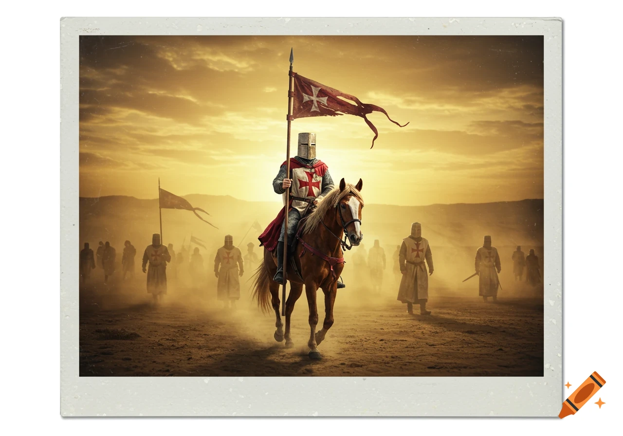 A knight on horseback holding a large flag with a red cross, leading other knights across a dusty landscape at sunset, in a polaroid frame.