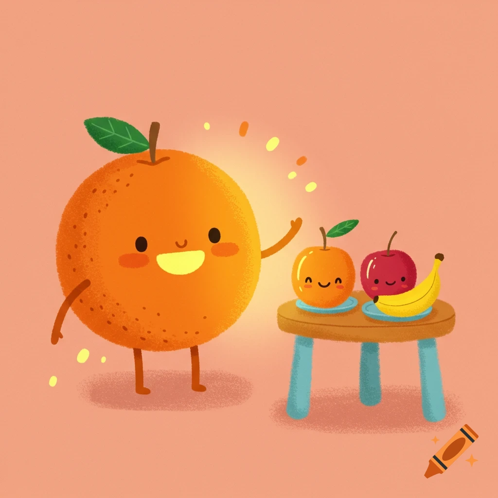 A cute cartoon orange character with a big smile and radiating light stands next to a small table holding a cartoon apple, a red apple, and a banana.