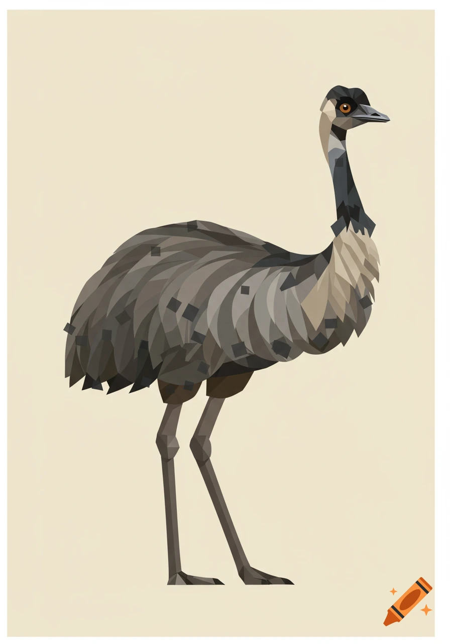 A stylized geometric drawing of an emu on a light background.