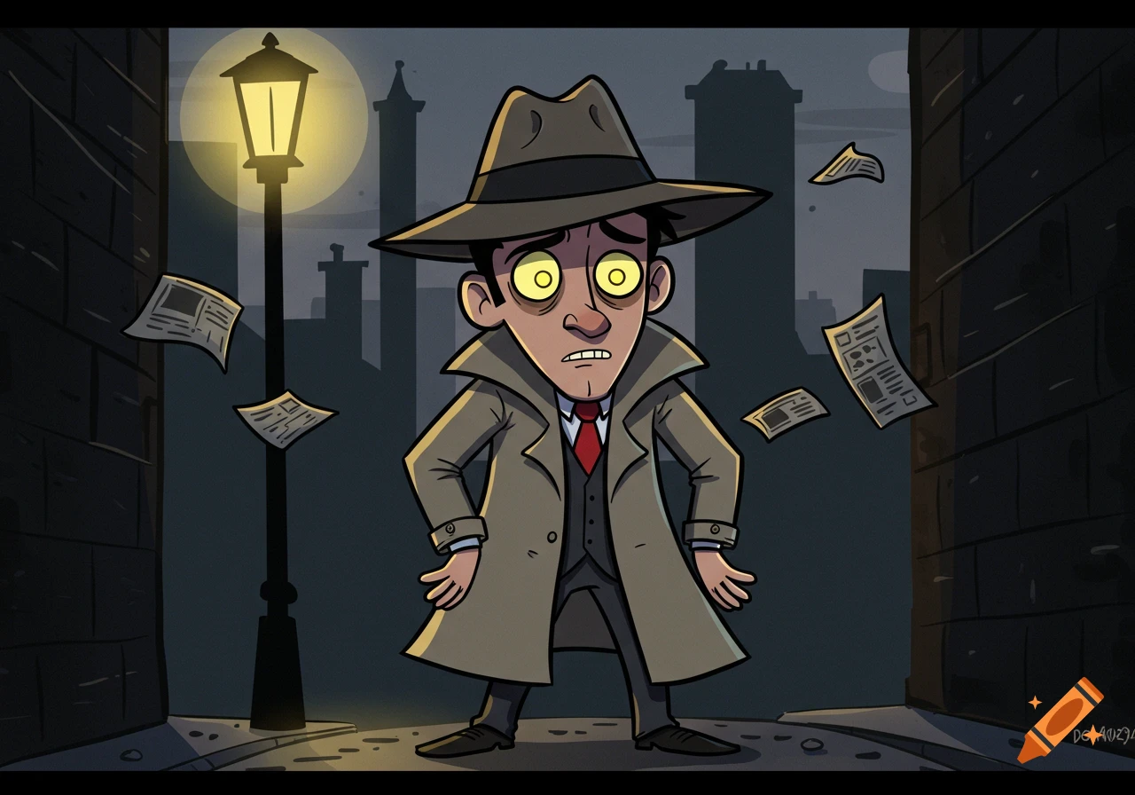 A cartoon anxious detective with glowing yellow eyes stands under a street lamp in a dark alley with flying newspapers.