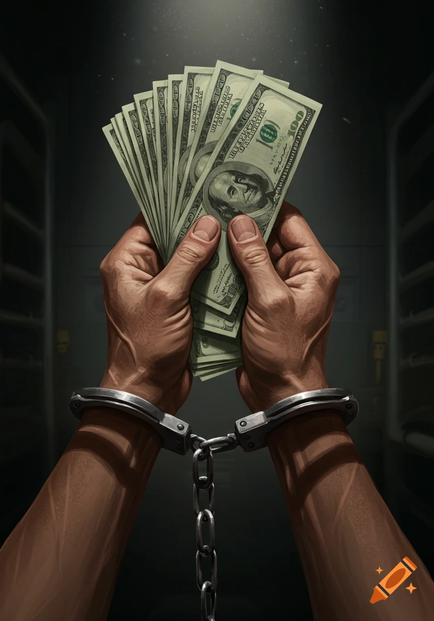 Dark illustration of cuffed hands holding a stack of hundred dollar bills.