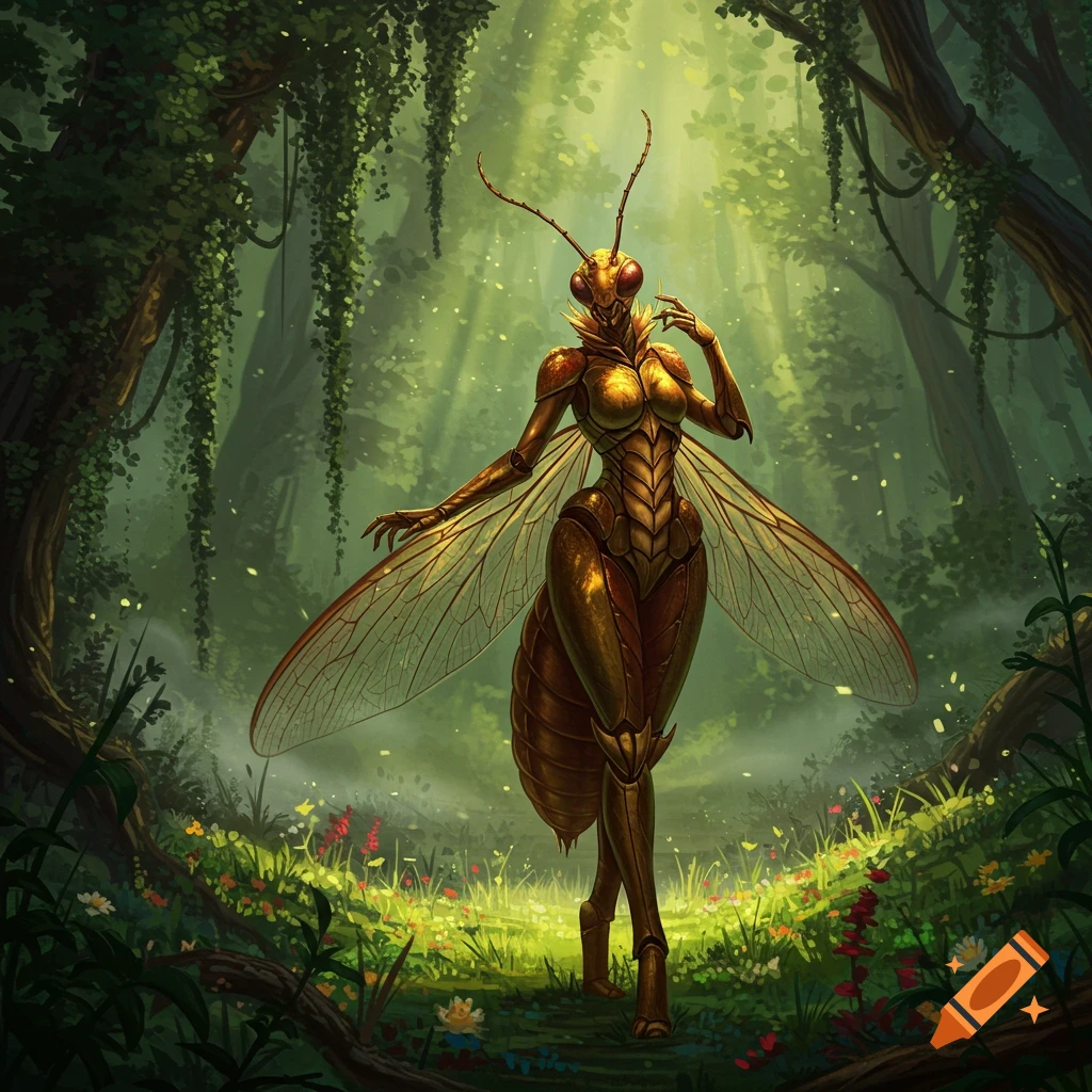 A gold-armored bug woman with translucent wings stands in a sunlit, mystical forest. Digital painting style.