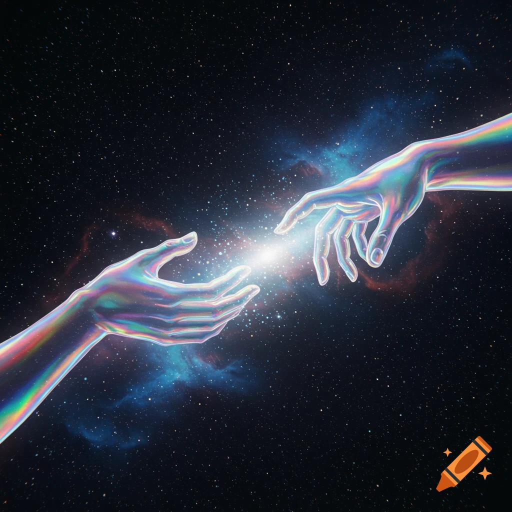 Two iridescent digital hands reaching towards a bright light in a dark, starry cosmic background.