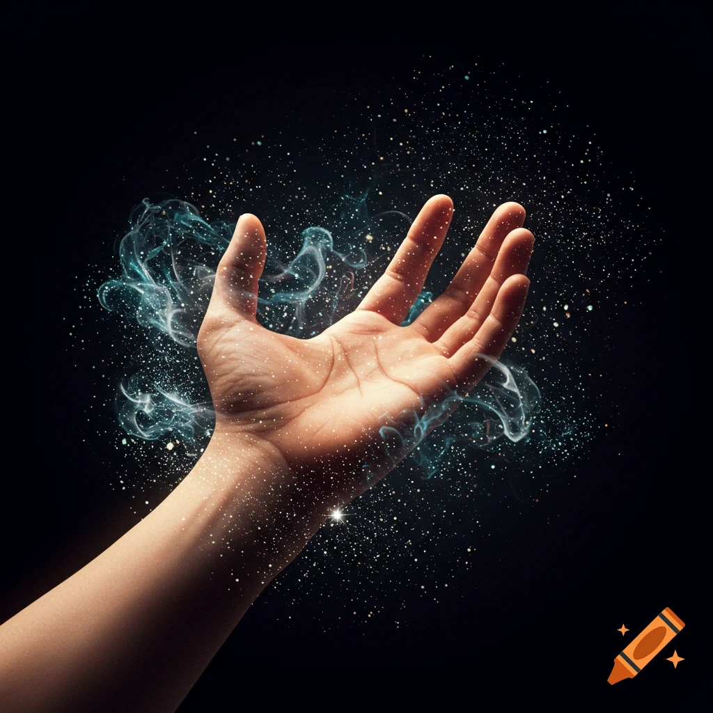 A hand reaching upwards, surrounded by glowing particles and wisps of smoke against a dark background.