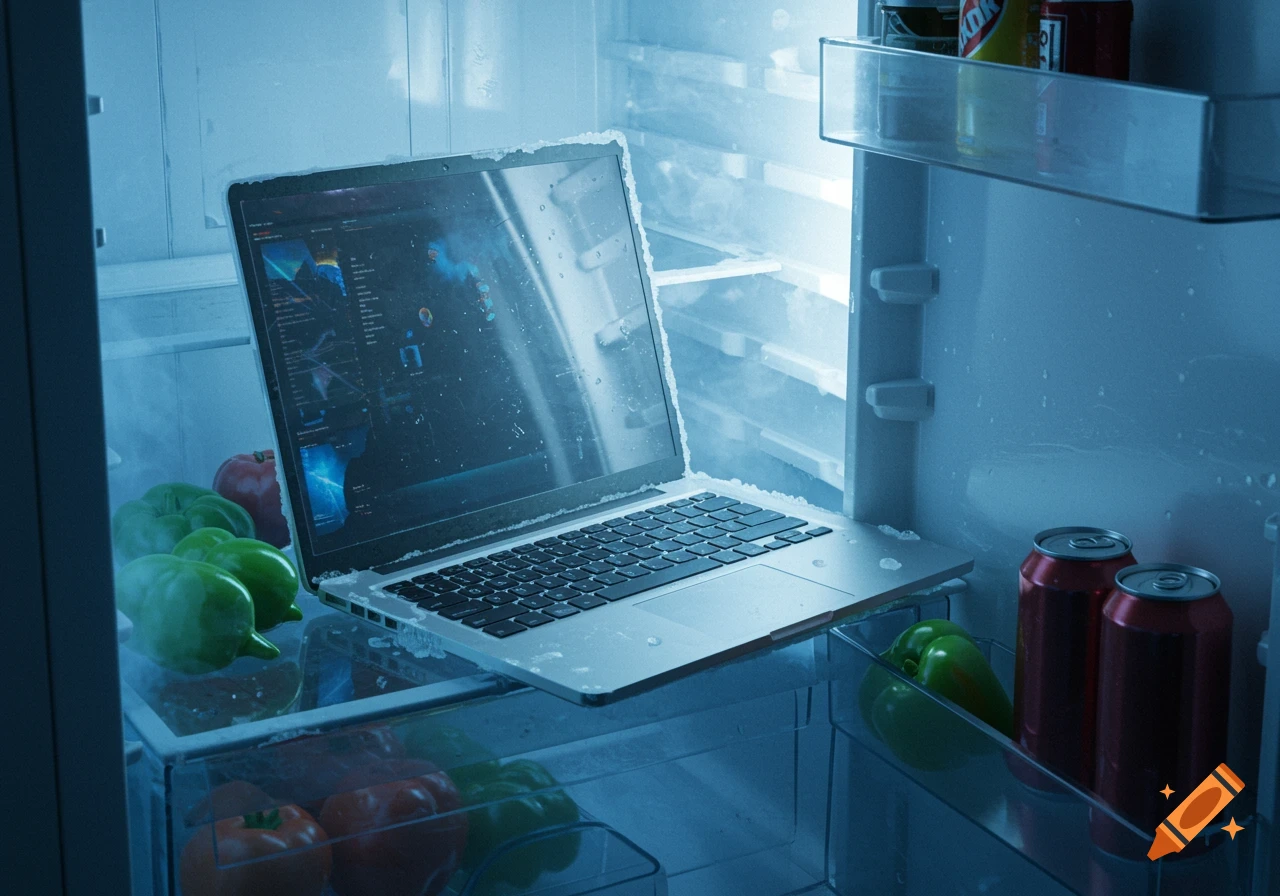 A frosty laptop with a glowing screen sits inside an open refrigerator with vegetables and soda cans, bathed in blue light.