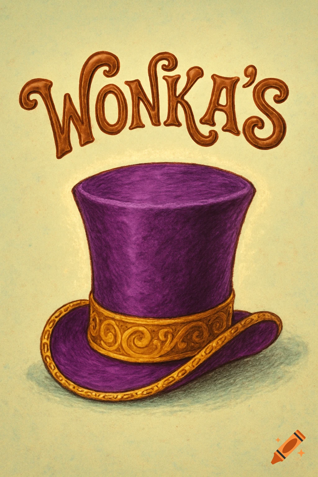 A purple top hat with a golden band and the word "WONKA'S" floating above it, in a whimsical illustration style.