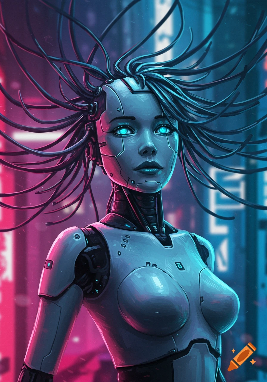 Close-up of a futuristic female robot with glowing blue eyes and wires from her head, against a neon-lit city background.