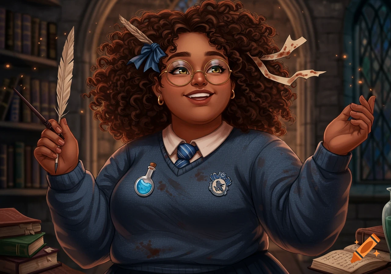 A smiling plus-sized woman with curly brown hair and glasses, wearing a blue Ravenclaw sweater, holds a quill and wand in a library.
