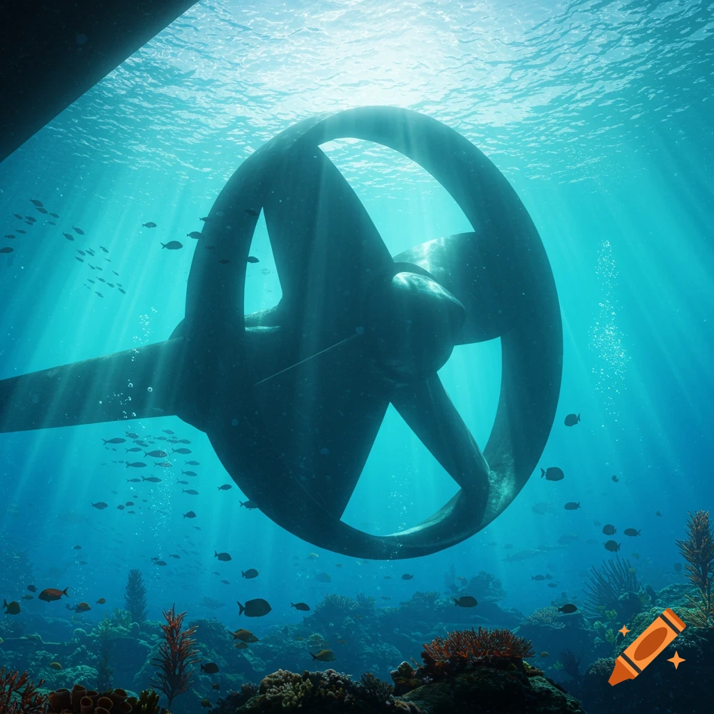 Massive underwater turbine illuminated by sun rays, with schools of fish and coral reefs below.