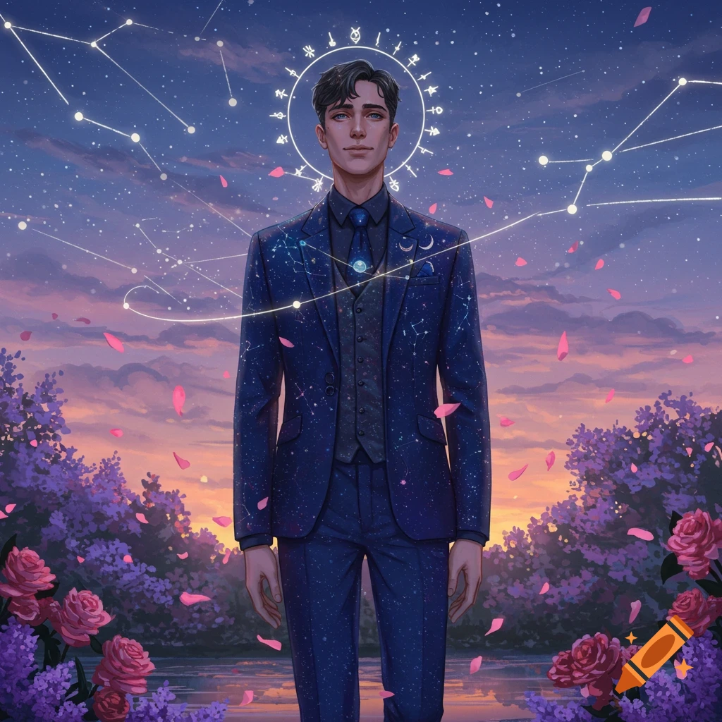 A male figure in a starry blue suit stands under a constellation-filled night sky with pink flower petals falling around him.