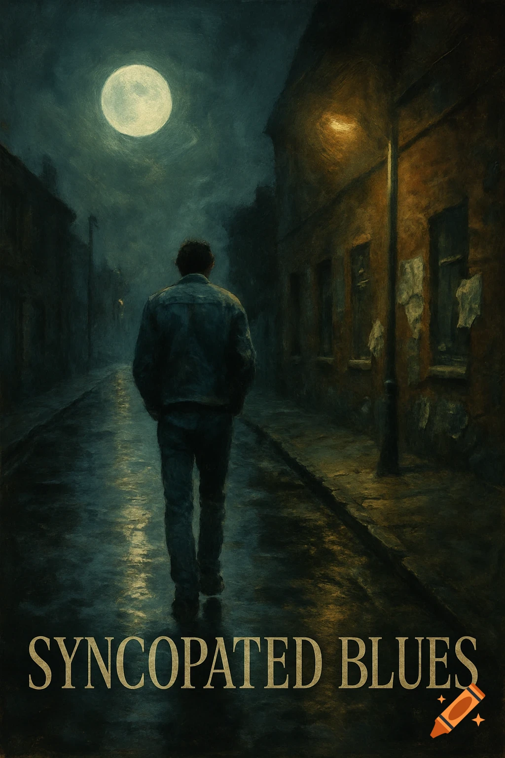 A lone figure walks away on a wet, moonlit street with a glowing street lamp, in a dark, melancholic painterly style. Text 'SYNCOPATED BLUES' at the bottom.