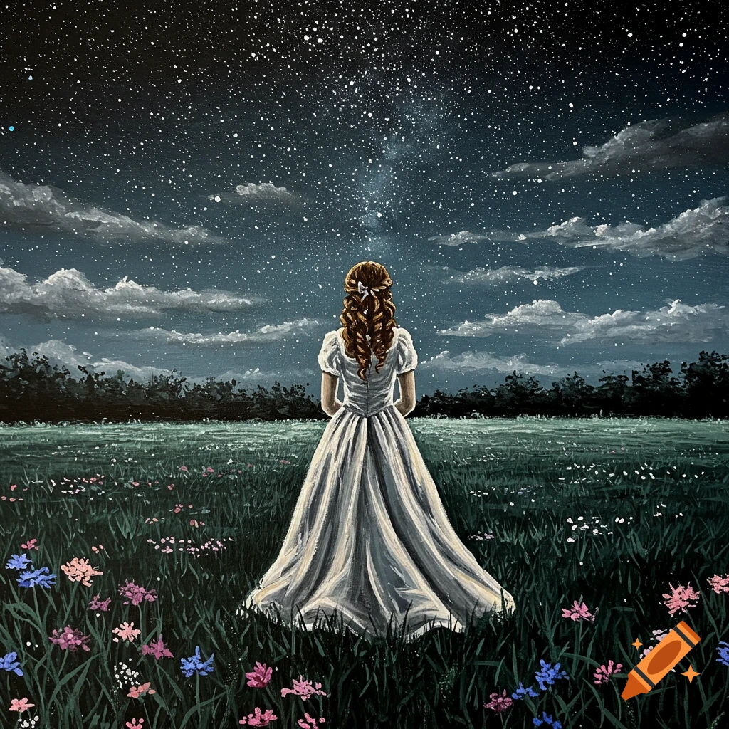 Acrylic painting of a woman in a white gown standing in a meadow looking at a vibrant starry night sky.
