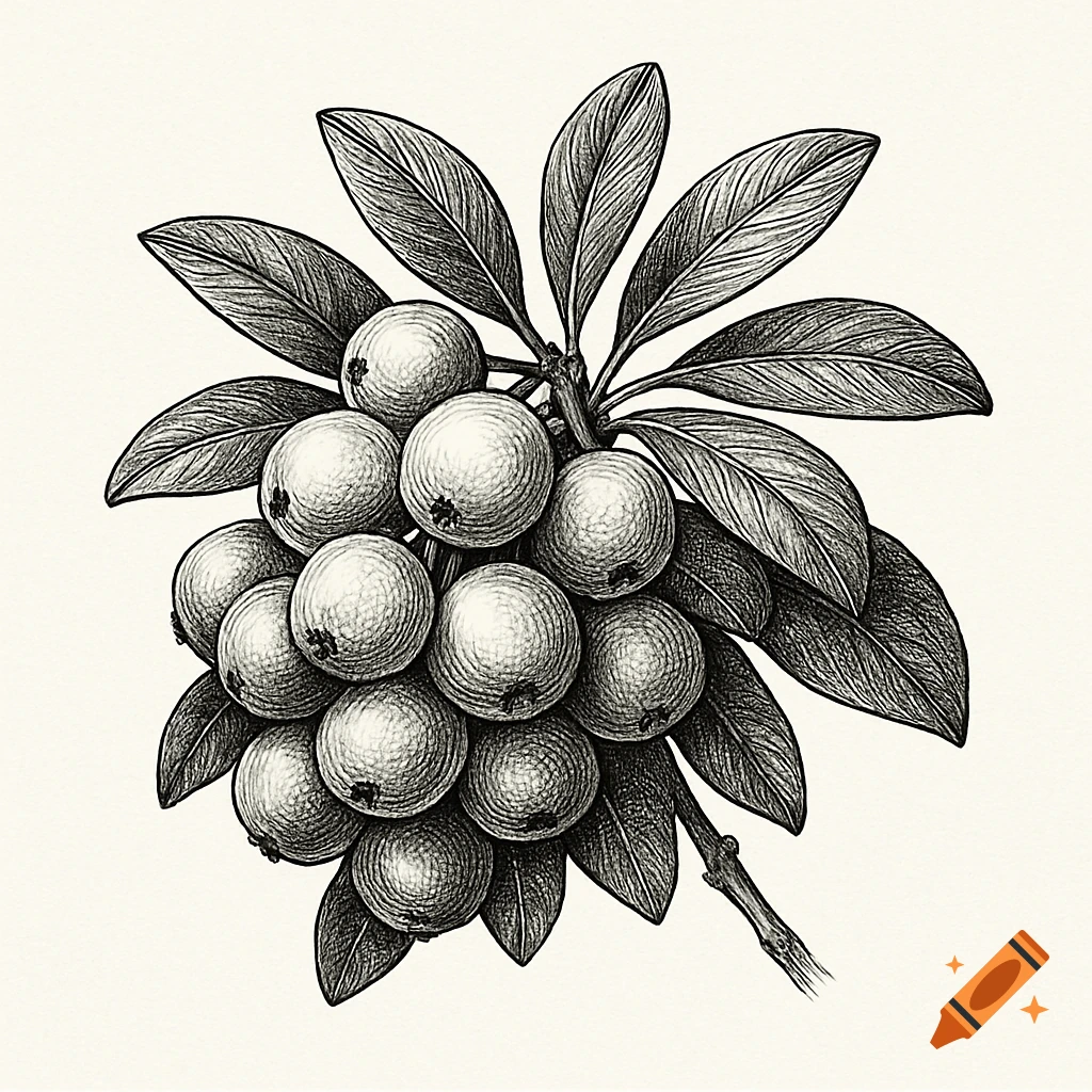 A detailed black and white botanical line drawing depicting a cluster of berries with leaves on a light background.