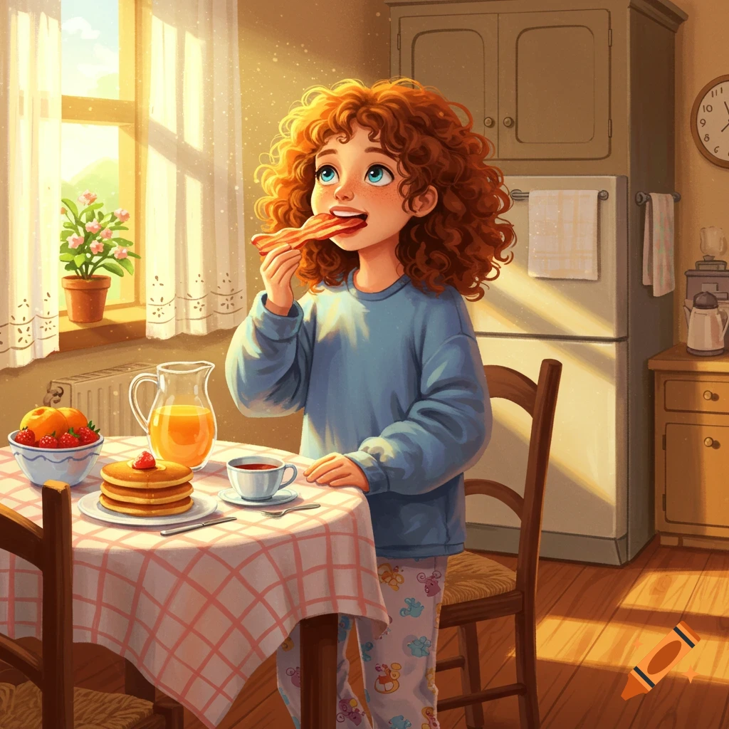A cartoon girl with curly red hair eats bacon at a sunny kitchen table, with pancakes and orange juice.