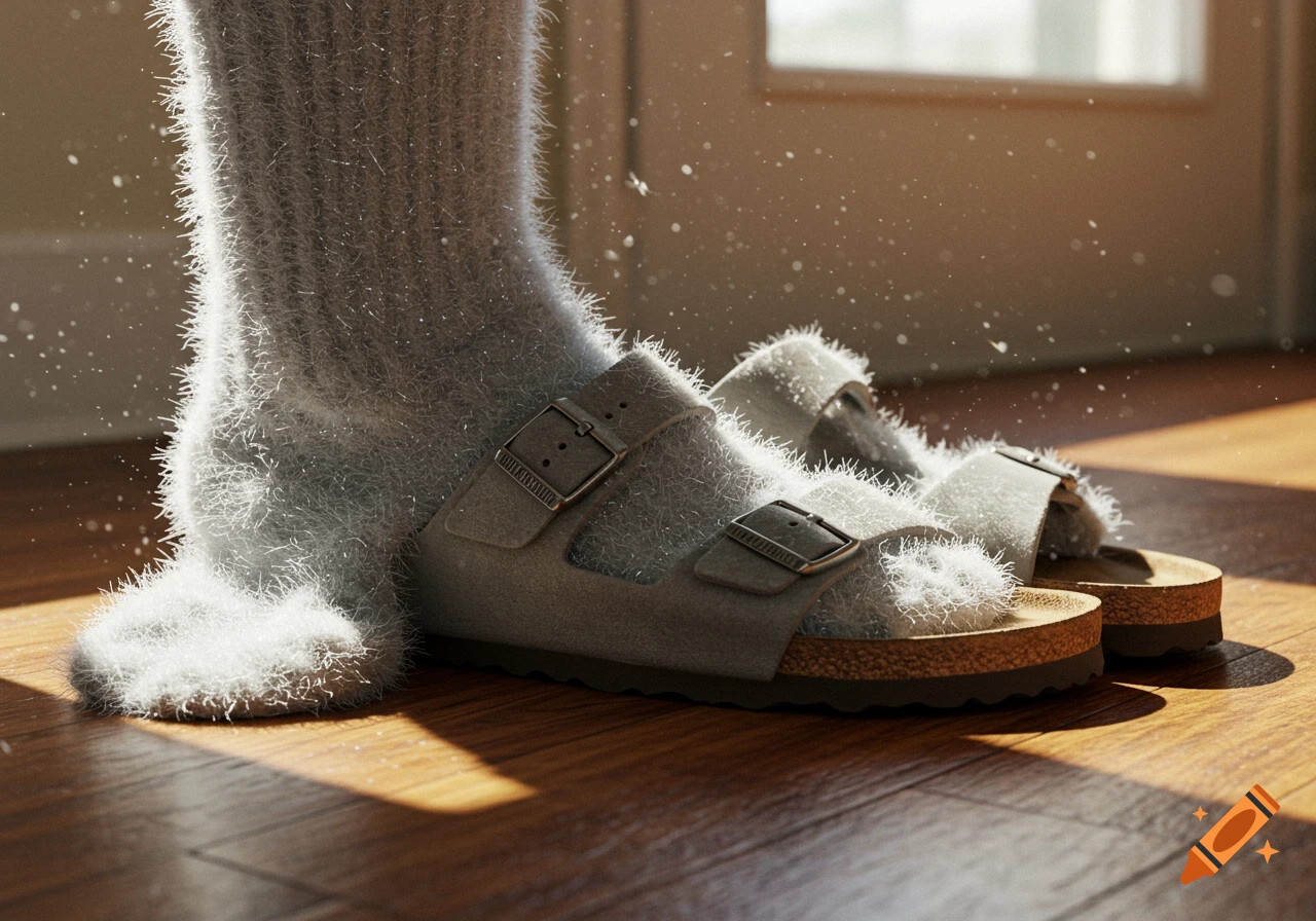 A close-up of a foot wearing a very fluffy grey sock and a Birkenstock sandal on a polished wooden floor, with dust motes visible in the air.