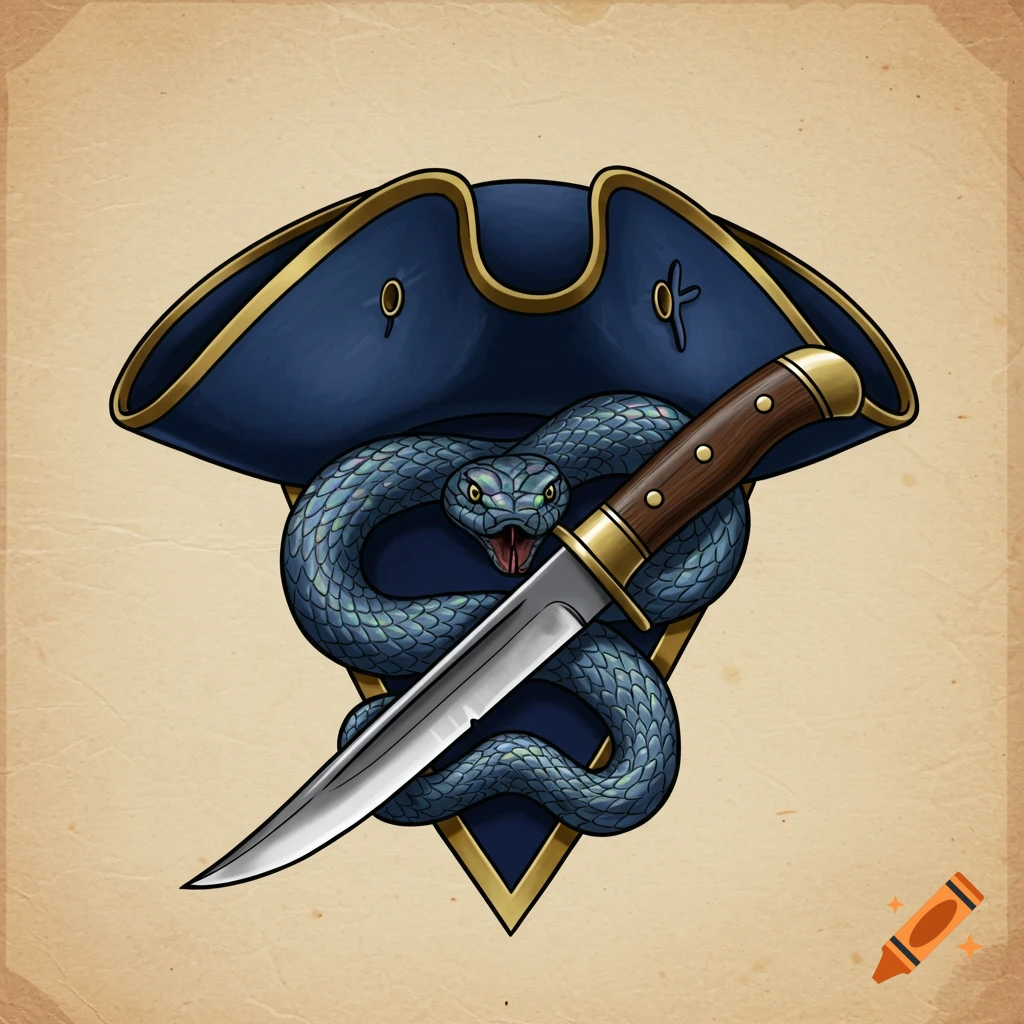 A blue tricorn hat with a coiled blue snake and a Bowie knife in a heraldic style.