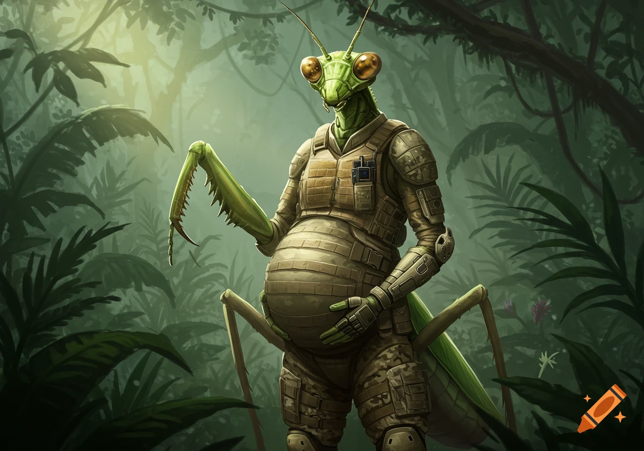 A pregnant anthropomorphic praying mantis in detailed tactical military gear stands in a misty jungle.