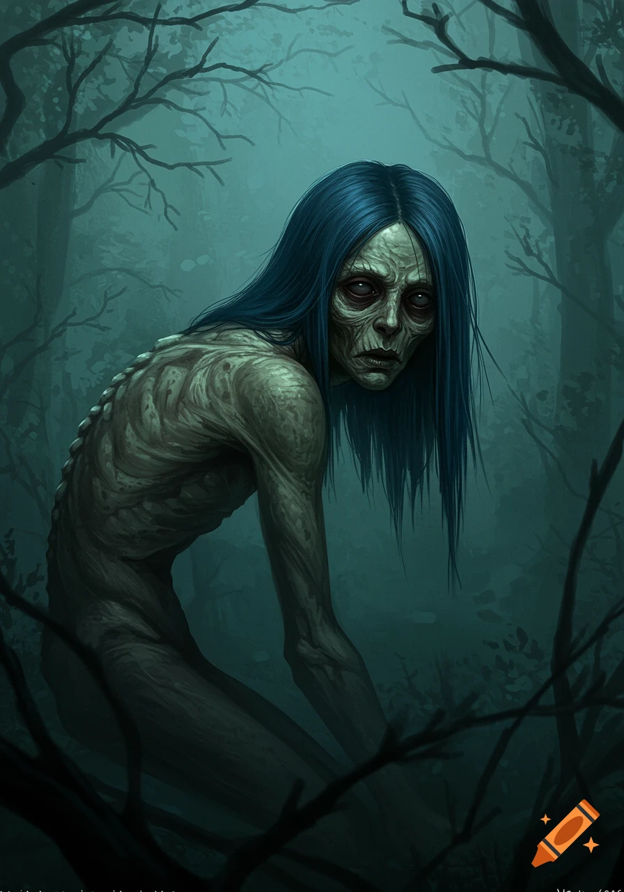 An emaciated creature with pale skin, blue hair, and dark eyes hunches in a misty, dark forest. Fantasy horror art.