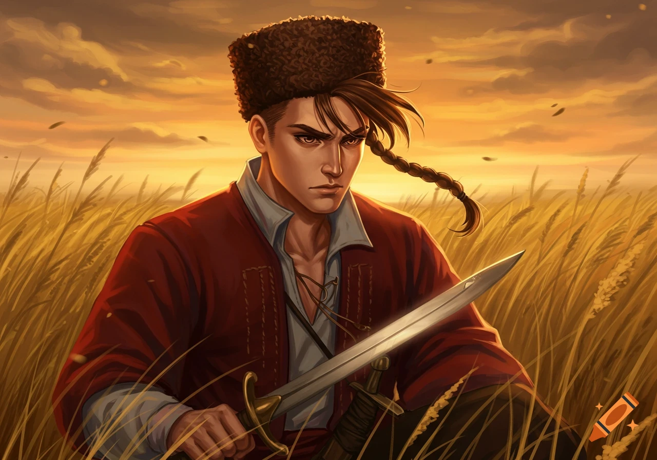 Anime-style young Ukrainian Cossack in a red shirt and fur hat, holding a sword in a golden wheat field at sunset.