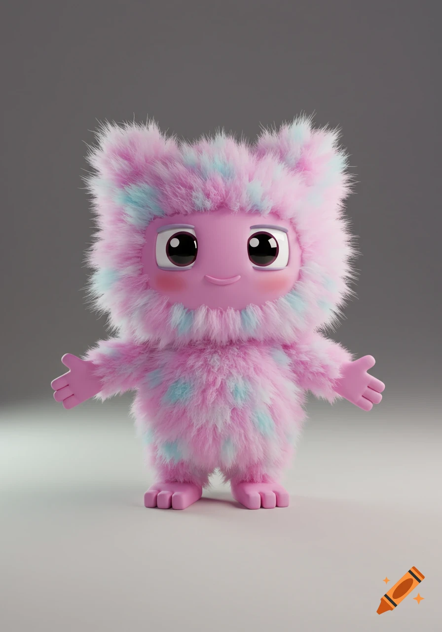 A cute, fluffy pink and blue monster with large eyes and a friendly smile, rendered in 3D against a plain gray background.
