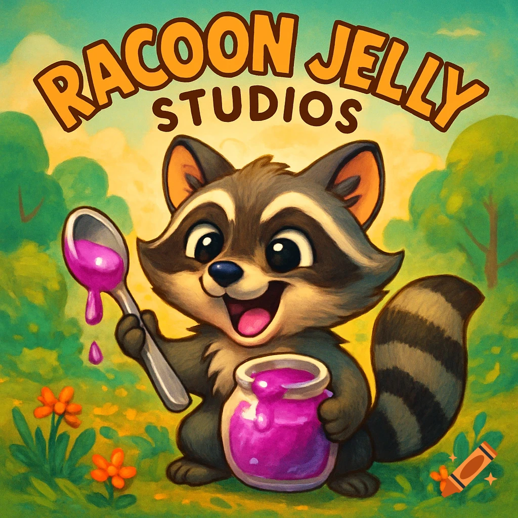 A cute cartoon raccoon holds a spoonful of purple jelly and a jar of jelly in a field, with "RACOON JELLY STUDIOS" above.