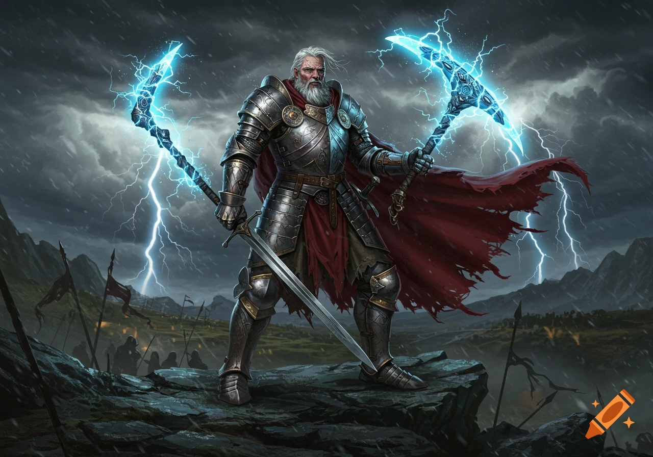 A grizzled knight in heavy armor holds two lightning-charged weapons amidst a stormy battlefield with lightning.