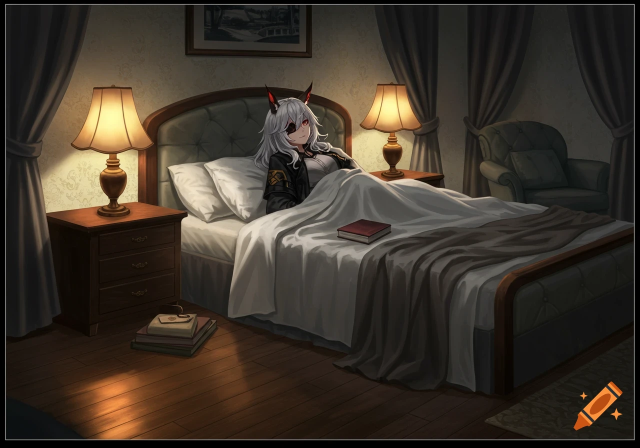 An anime character with white hair, red horns, and an eyepatch, relaxing in a dimly lit bed in a cozy bedroom.
