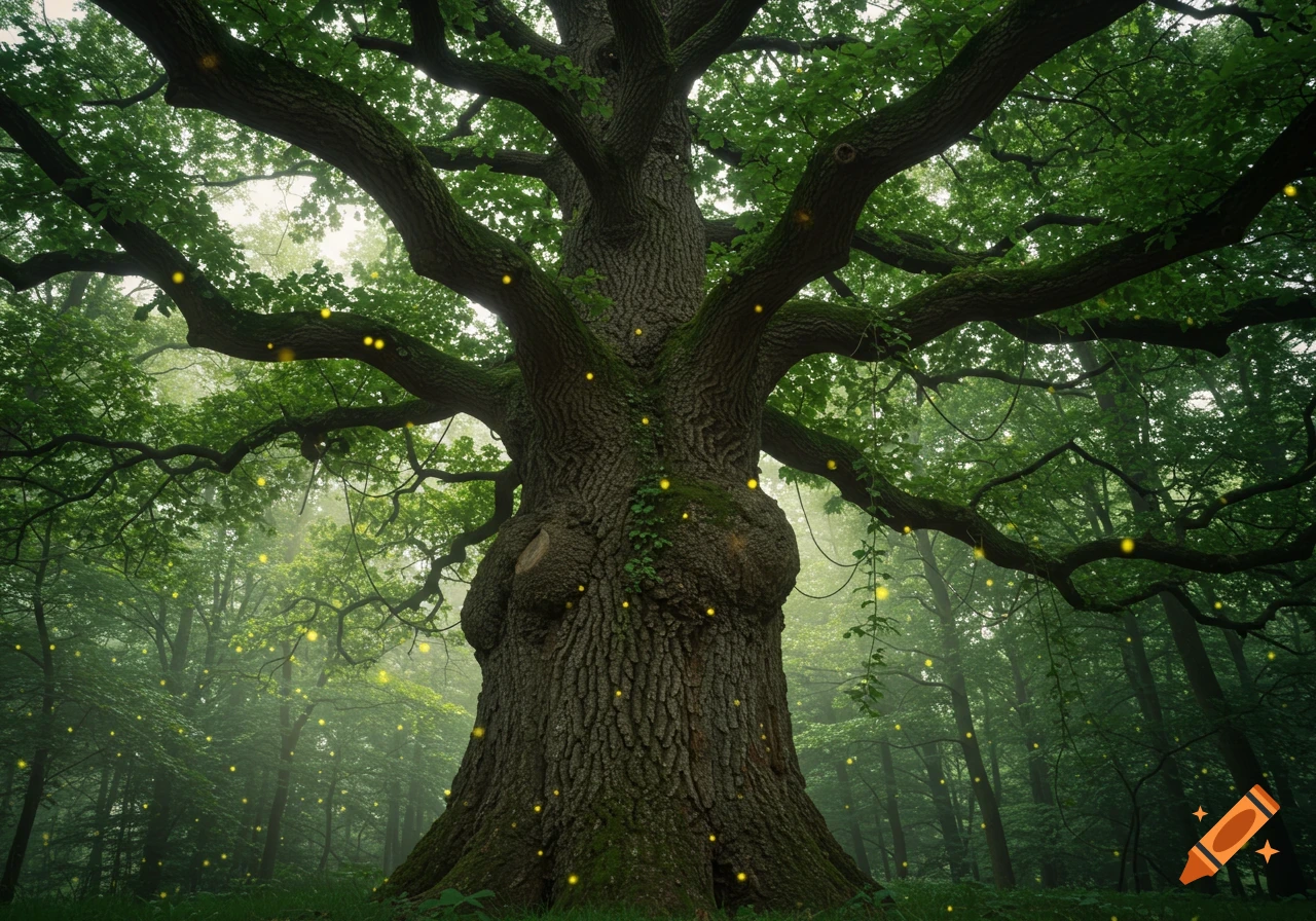 A majestic, large tree with glowing fireflies in a mystical forest, seen from a low angle.