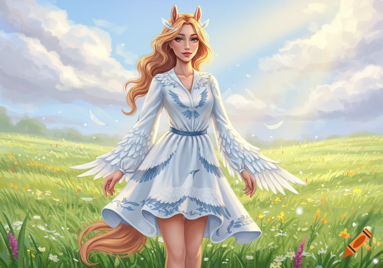 A blonde woman with horse ears and a tail wears a white dress with blue bird patterns and feathery sleeves, standing in a sunny green field.
