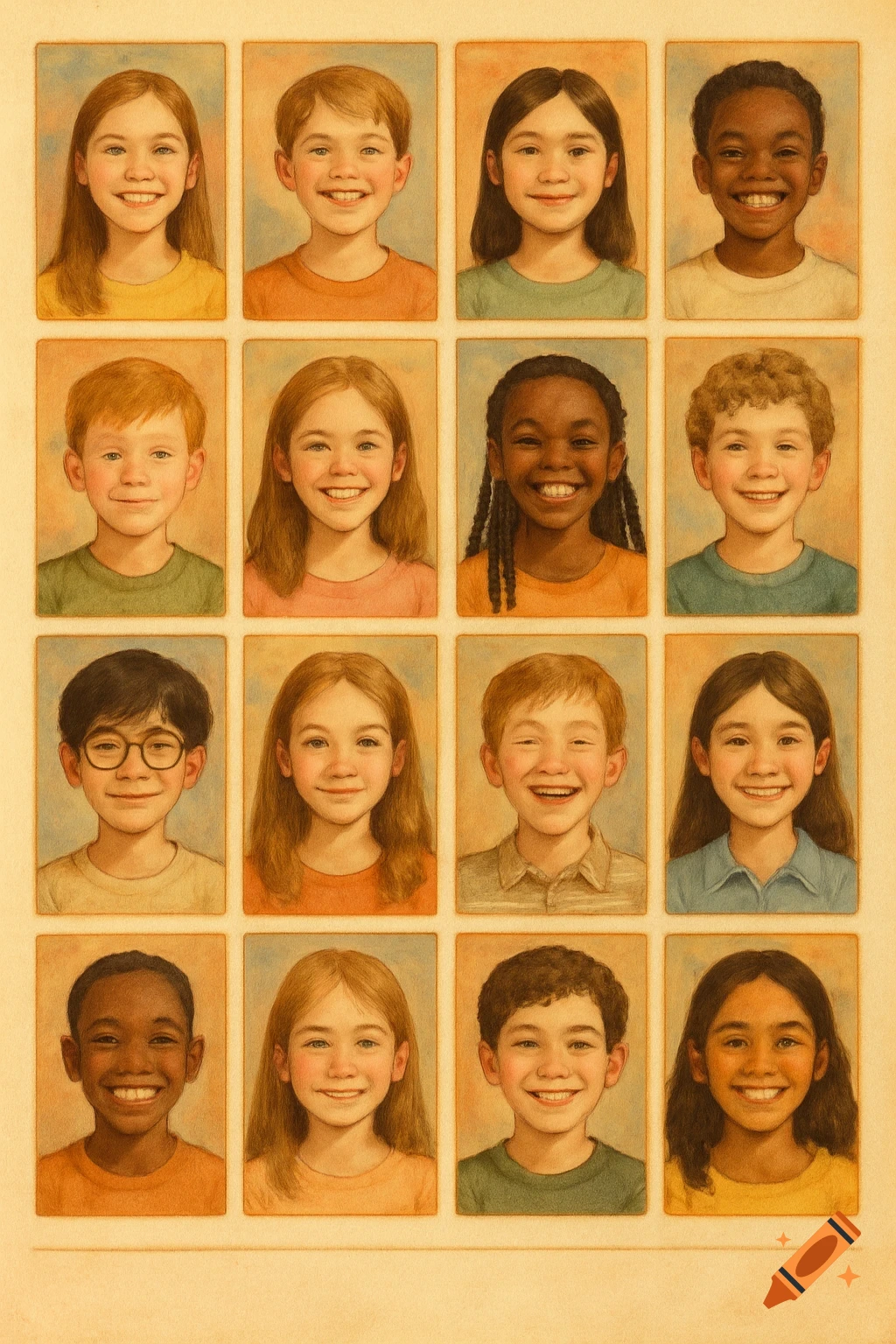 A grid of 12 diverse, smiling children's portraits in an illustrated, vintage yearbook style.