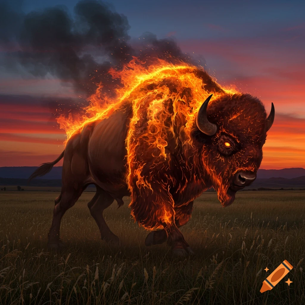 A majestic buffalo covered in blazing fire stands in a grassy field at sunset, with glowing eyes.