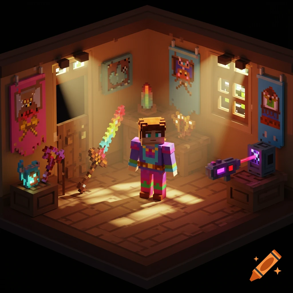 Pixelated character with a rainbow sword and laser gun in a stylized voxel room.