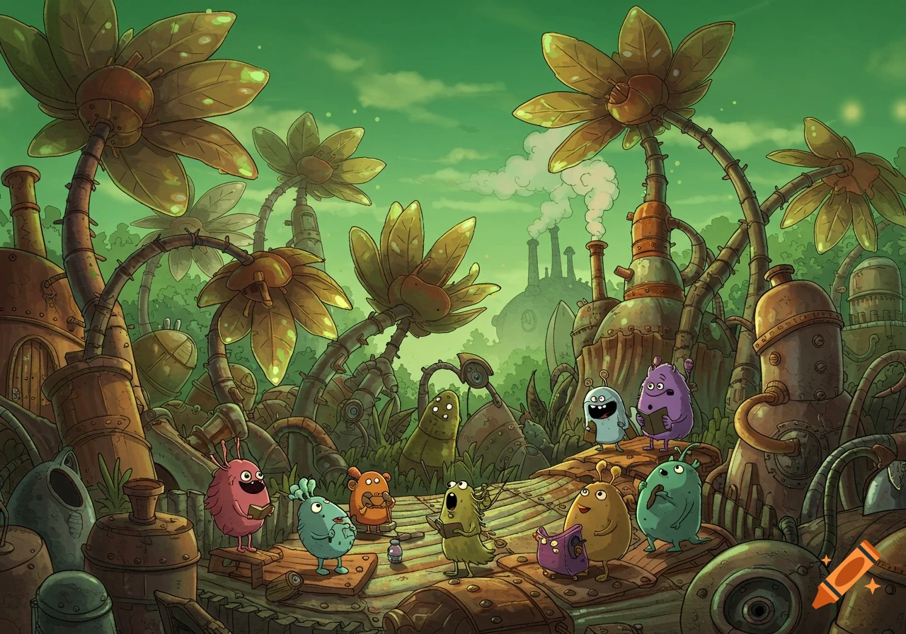 A cartoon scene with various colorful, happy monsters, some holding books, in an environment of large mechanical plants and industrial structures under a green sky.