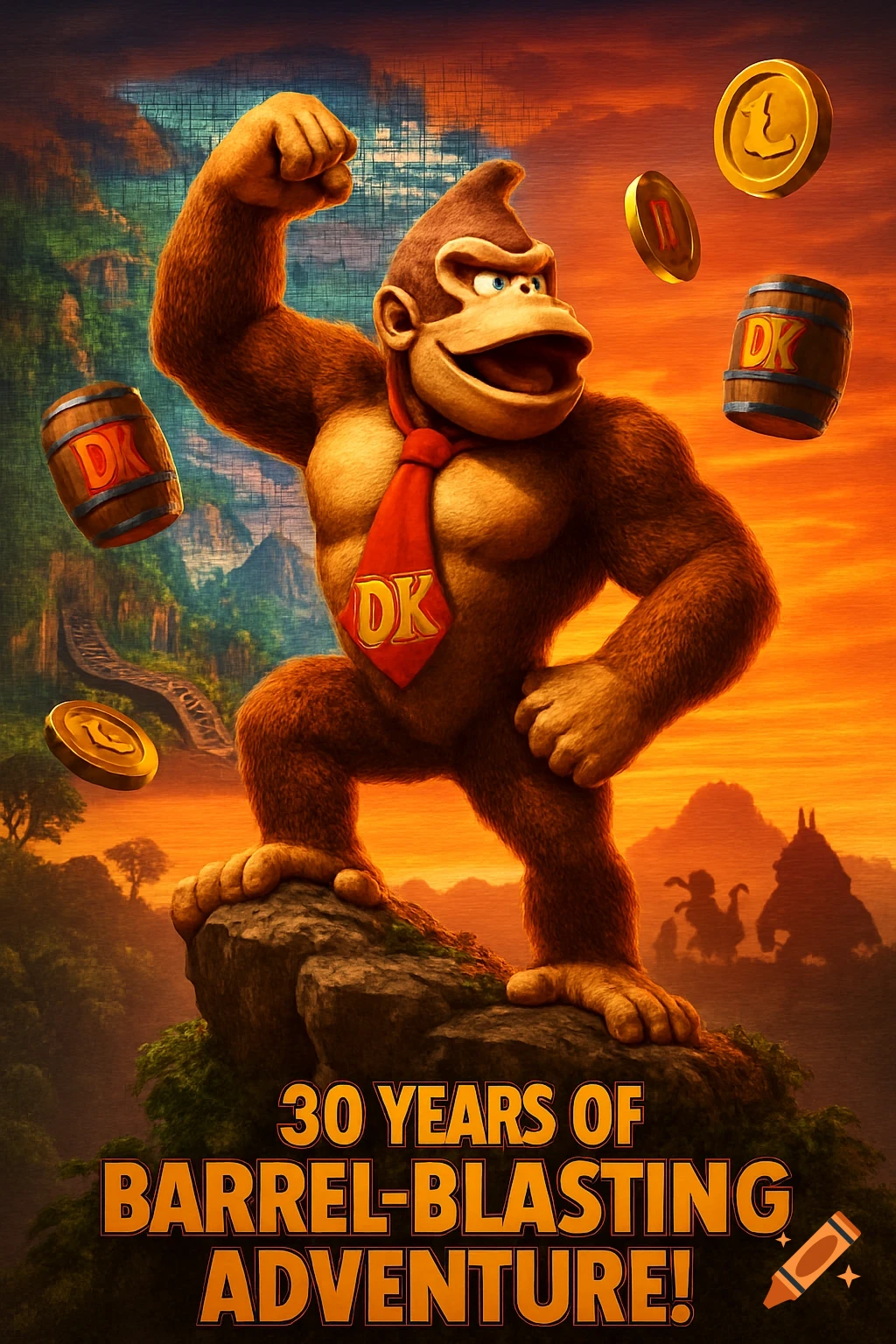 Donkey Kong stands triumphantly on a cliff at sunset with barrels and coins, a detailed video game poster.