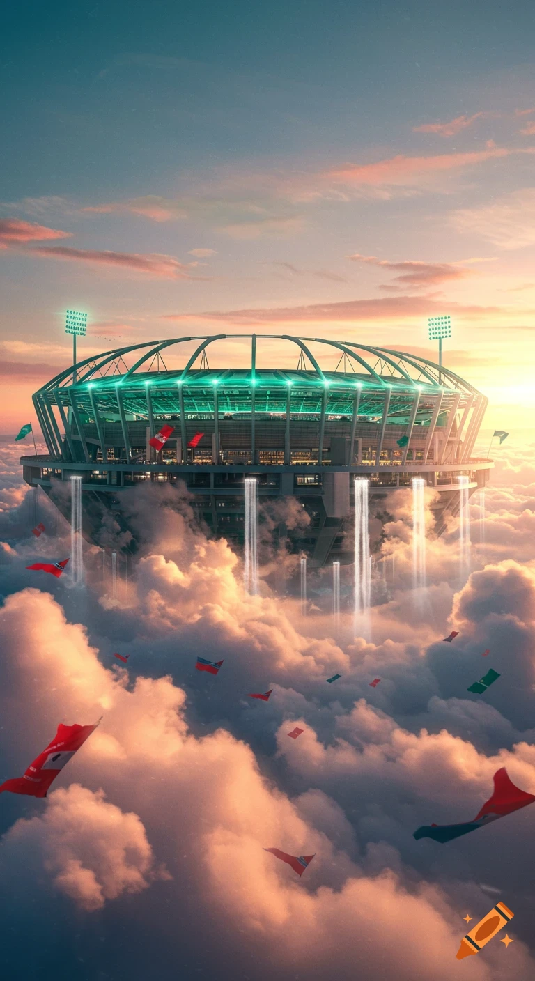 A vibrant, cinematic image of a futuristic football stadium floating high above clouds, with flags and glowing streams descending into the sky at sunset.