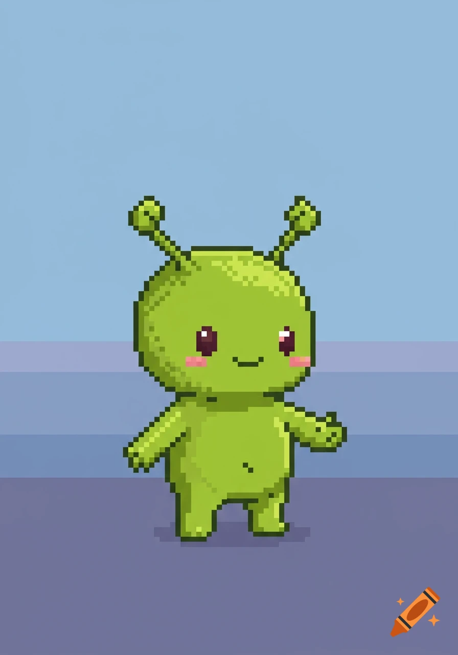 A cute, green, pixel art creature with antennae and rosy cheeks stands on a simple background.