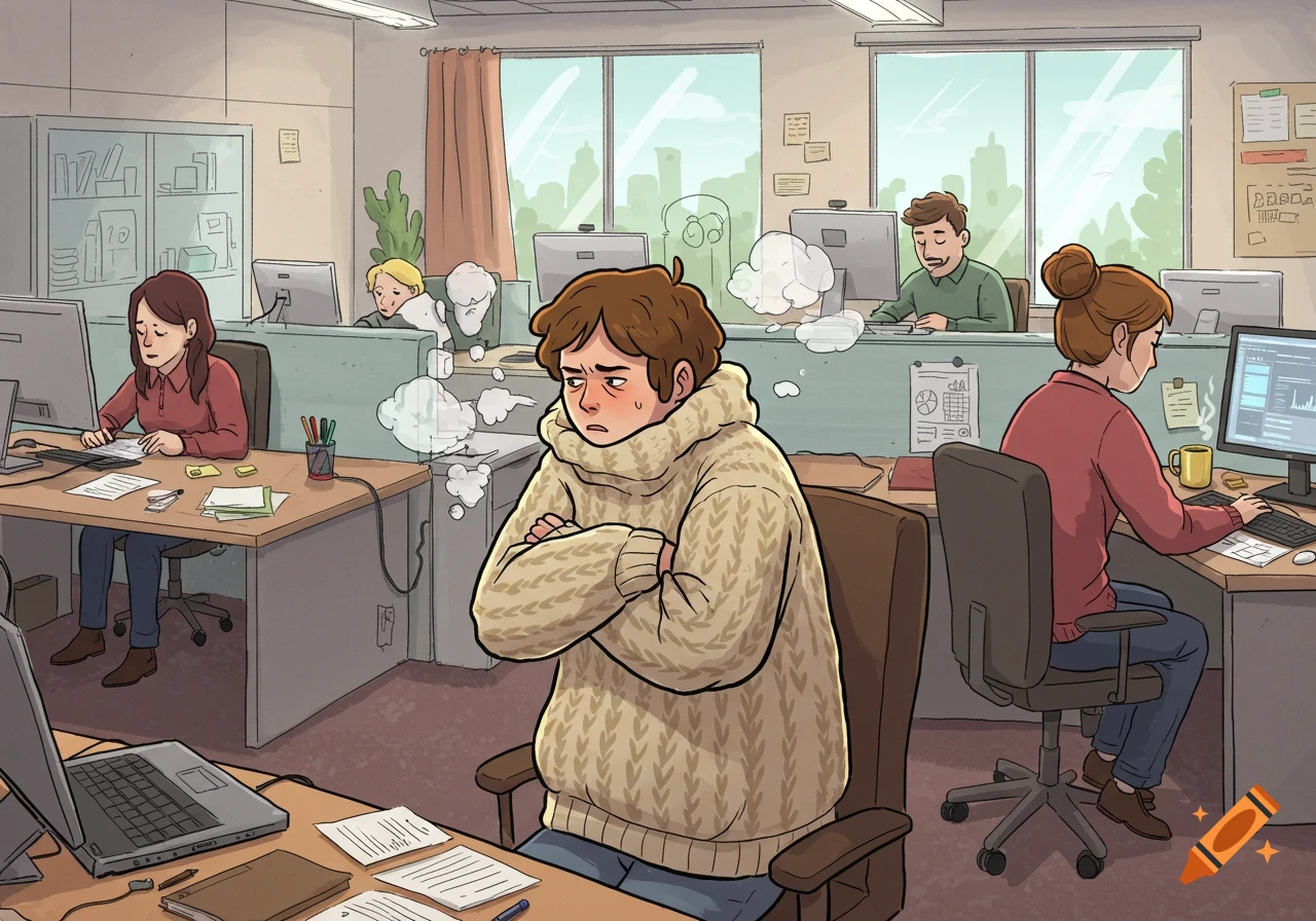 Cartoon sketch of a person bundled in a sweater feeling cold in a multi-user office while others work.
