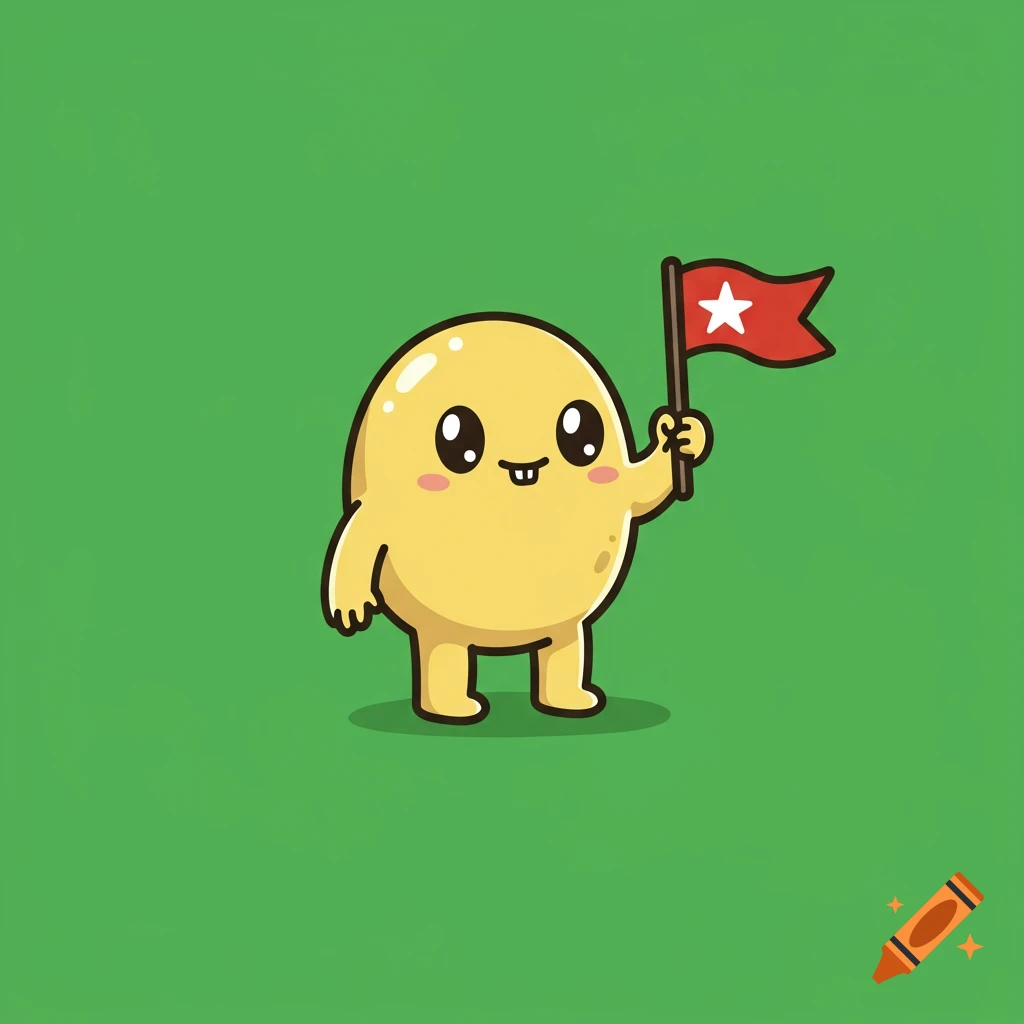 A cute, yellow, round cartoon character with big eyes and a toothy smile holds a red flag with a white star on a green background.