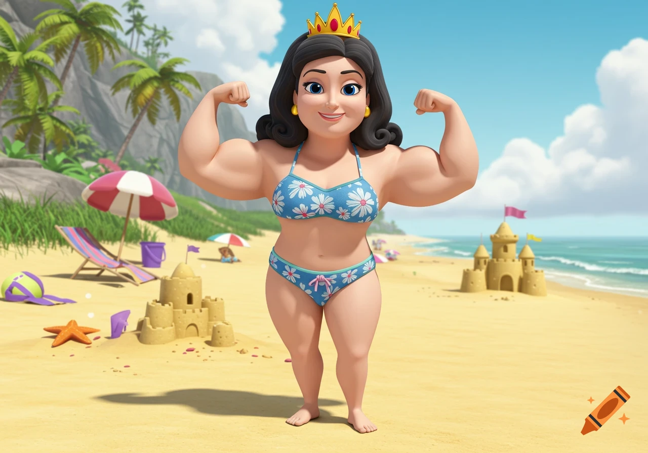 A muscular cartoon woman with a crown and swimsuit flexes on a sunny beach with sandcastles and palm trees.